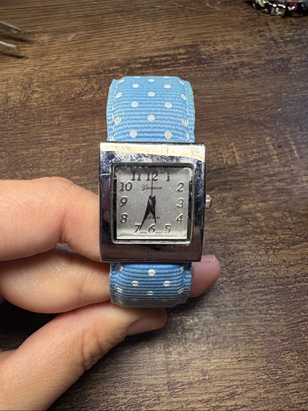 Geneva Platinum Blue and White Polka Dot Square Face Watch